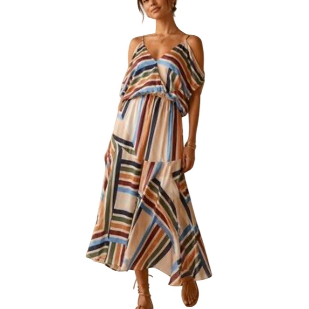 Misa Los Angeles Dress Nicola Midi Striped Cold Shoulder Multi Color X Small